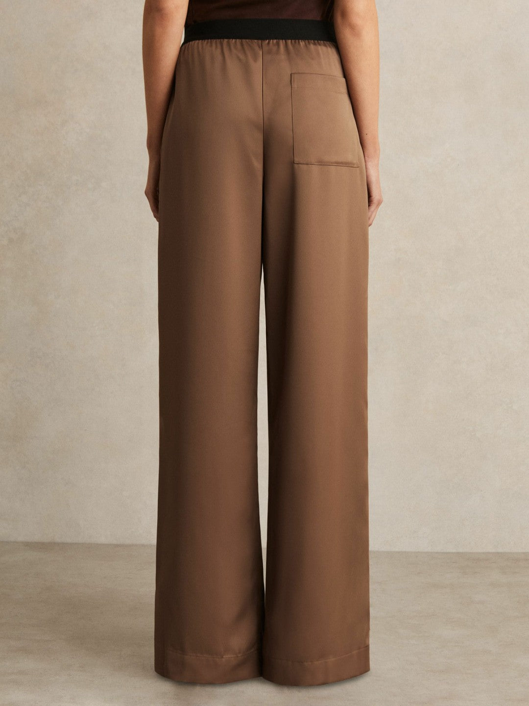 Petite Satin Wide Leg Elastic Waist Trousers in Taupe Neutral