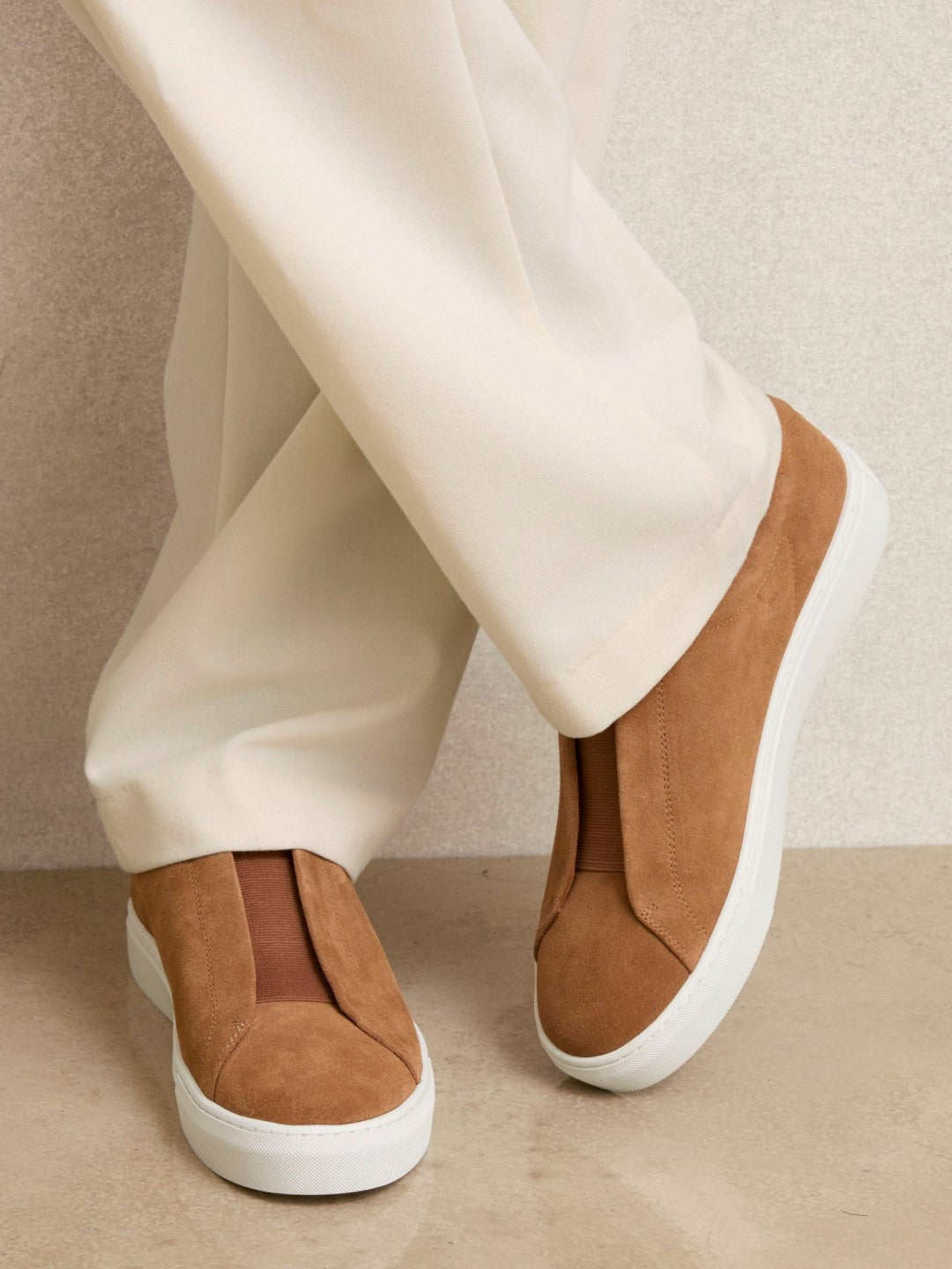 Suede Slip-On Elasticated Trainers in Tan Brown