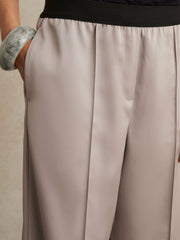 Satin Wide Leg Elastic Waist Trousers in Grey