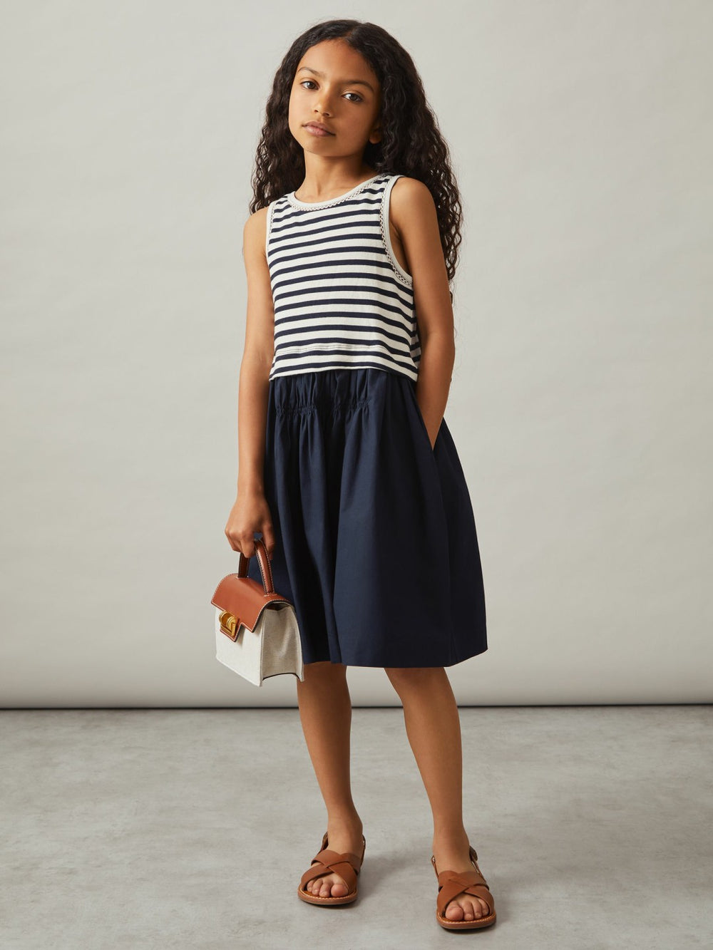13-14 yrs Cotton Layered Sleeveless Midi Dress in Navy