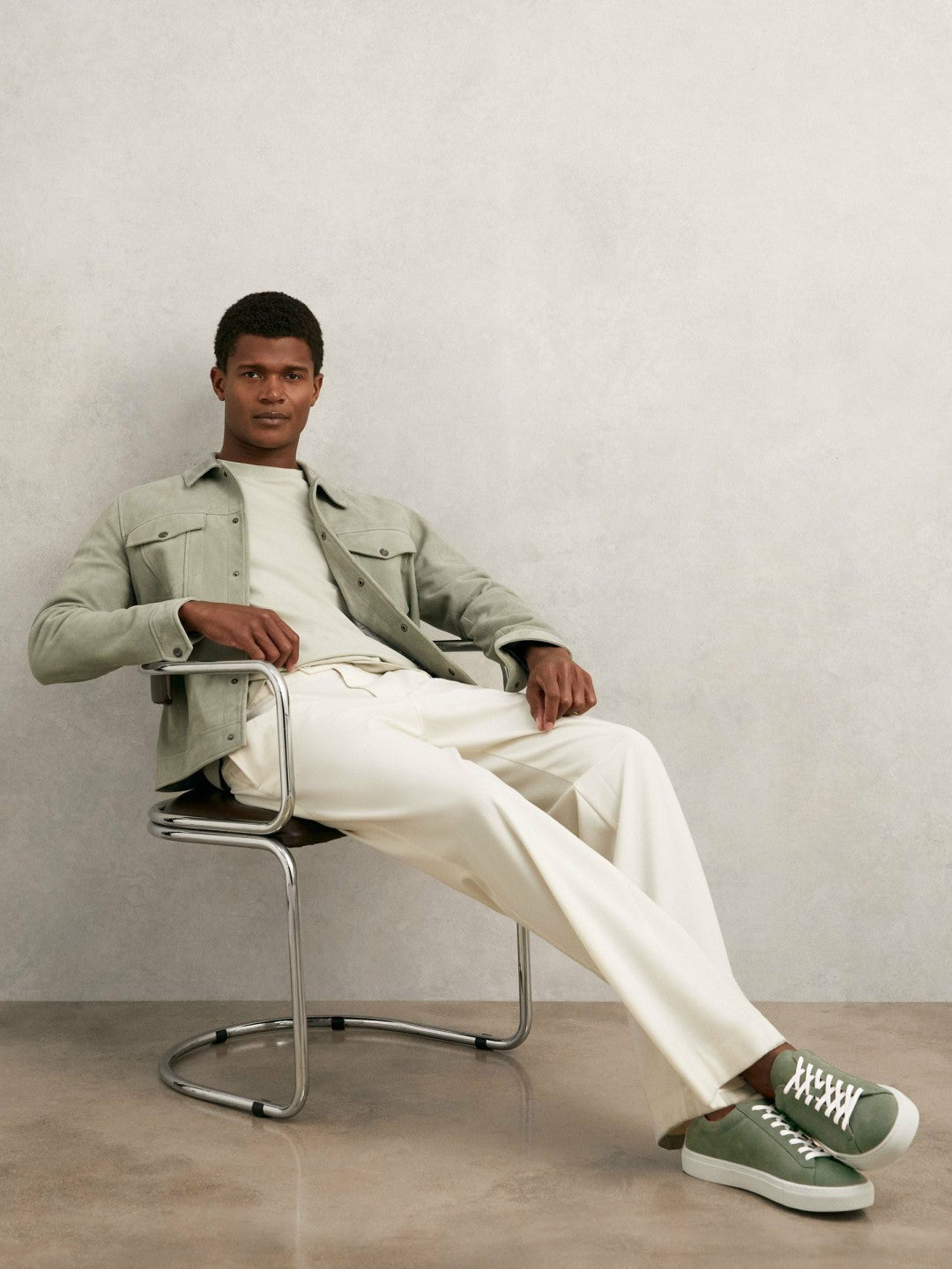 Nubuck Leather Low-Top Trainers in Thyme Green
