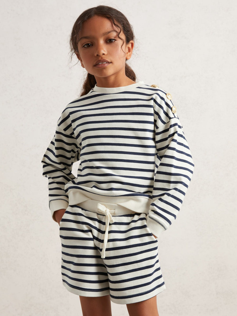 13-14 yrs Stripe Sweatshirt and Shorts Set Cotton-Blend in Navy/Ivory