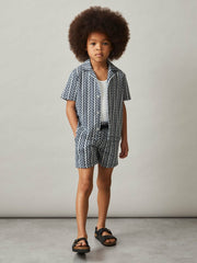 3-9 yrs Zig-Zag Knit Cuban-Collar Shirt in Blue