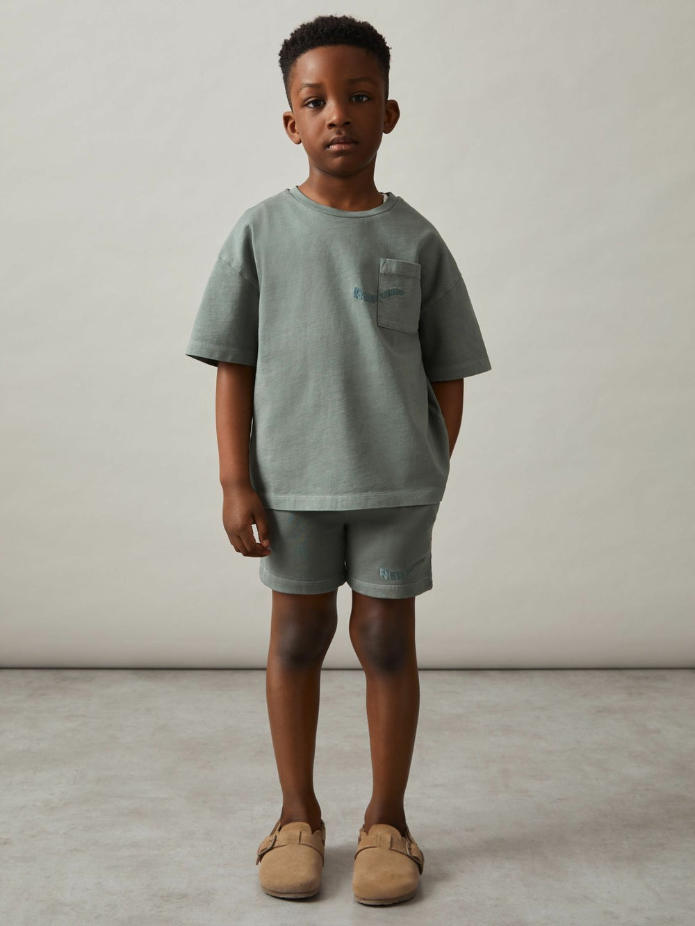 9-13 yrs Cotton Brand-Embroidered Shorts in Washed Sage