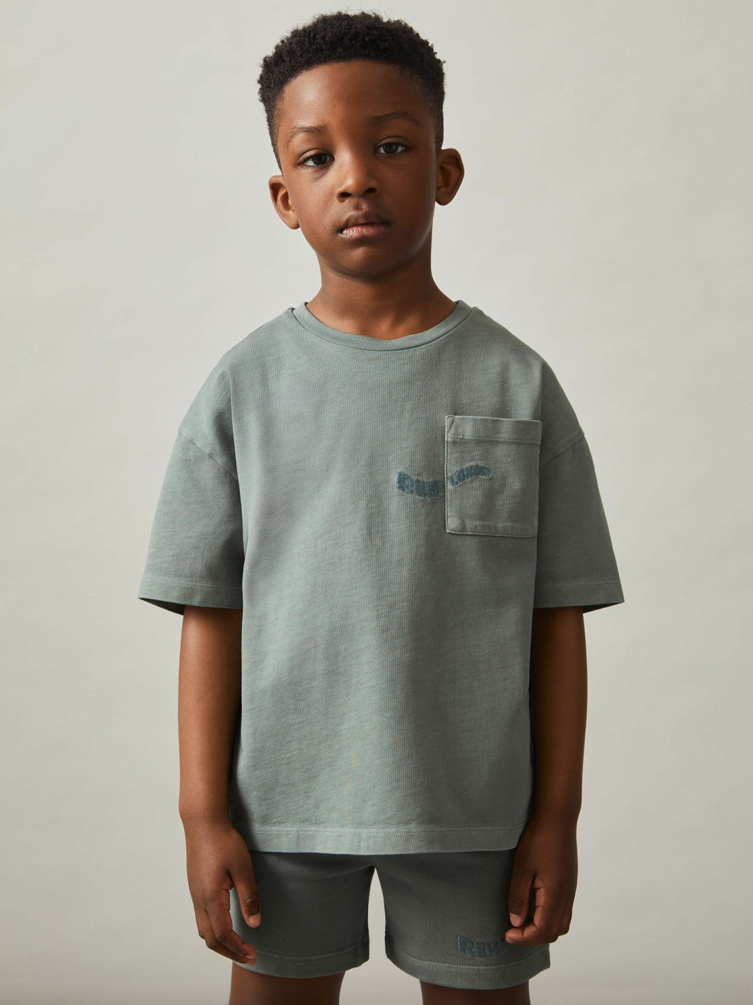 3-9 yrs Cotton Palm-Embroidery Oversize T-Shirt in Washed Sage