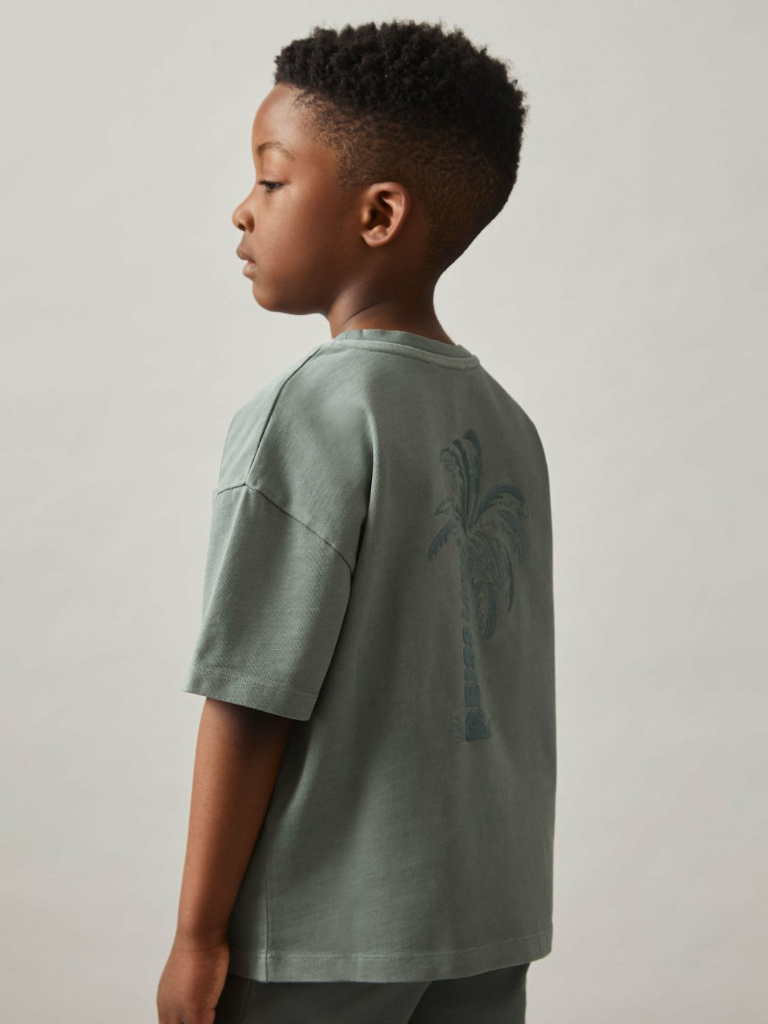 3-9 yrs Cotton Palm-Embroidery Oversize T-Shirt in Washed Sage