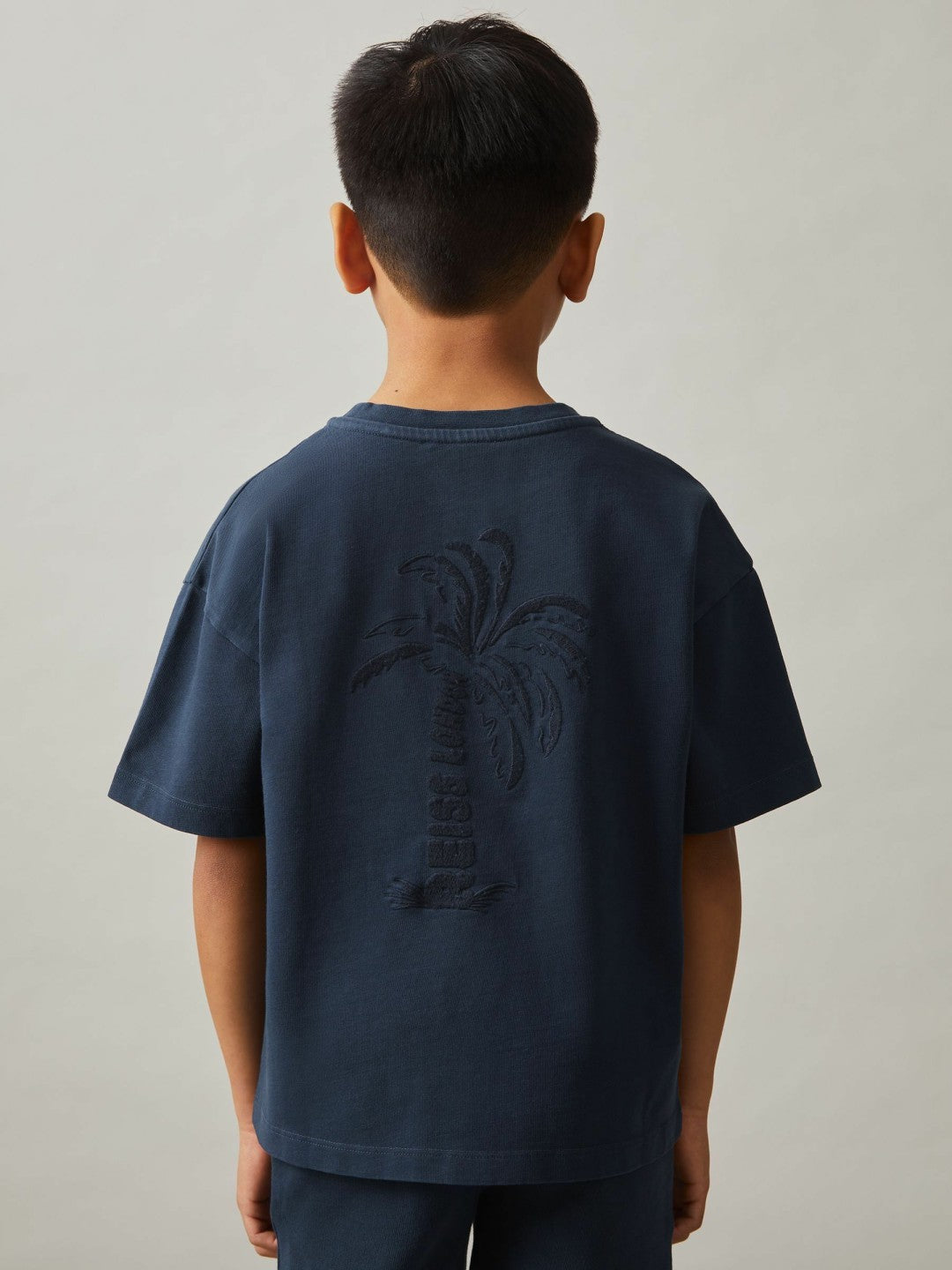 3-9 yrs Cotton Palm-Embroidery Oversize T-Shirt in Washed Navy