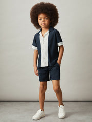 9-13 yrs Plissé Colour-Block Shirt in Navy/White