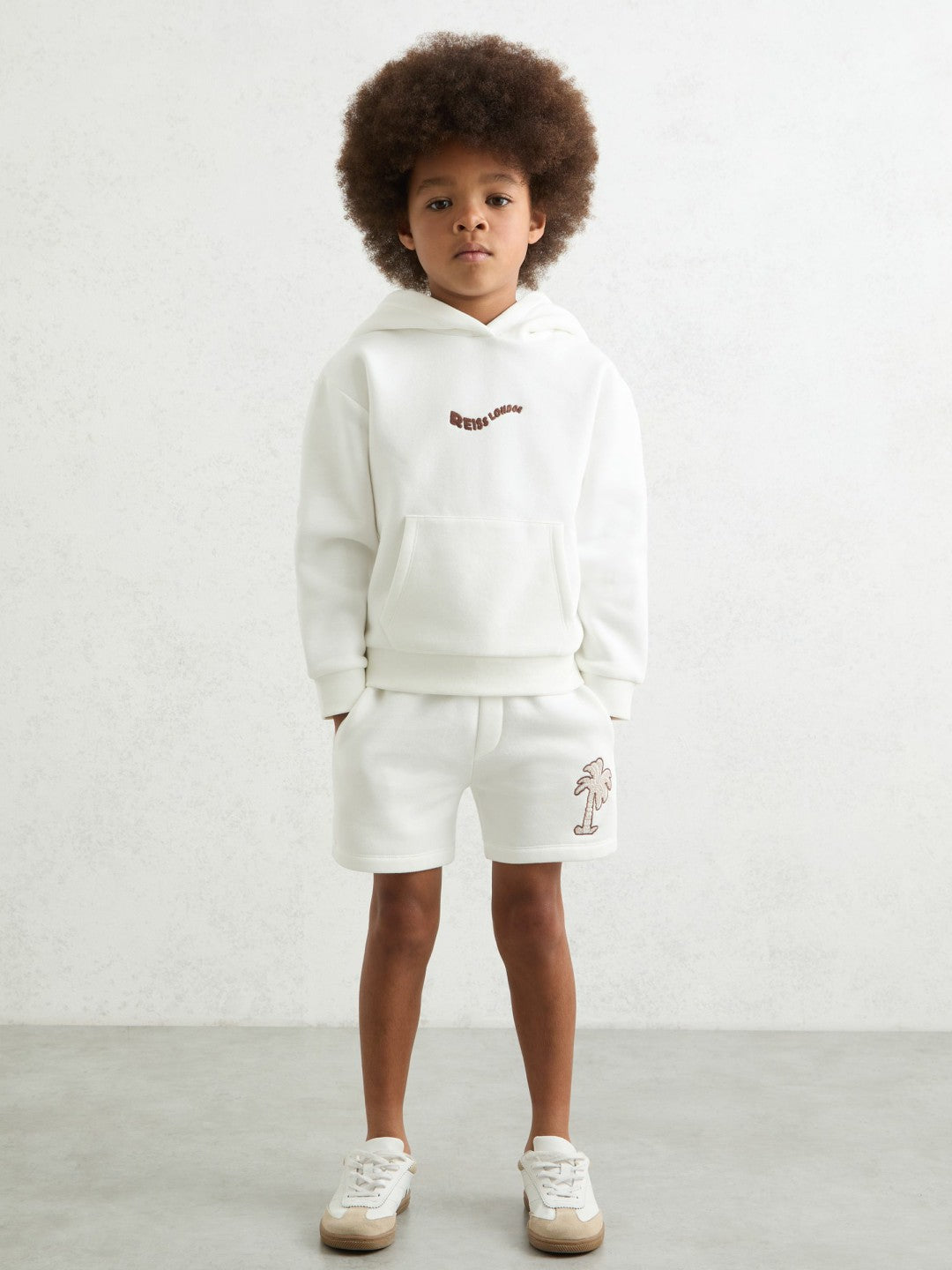 9-13 yrs Cotton Blend Palm Embroidered Shorts in Off White