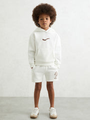 9-13 yrs Cotton Blend Palm Embroidered Shorts in Off White