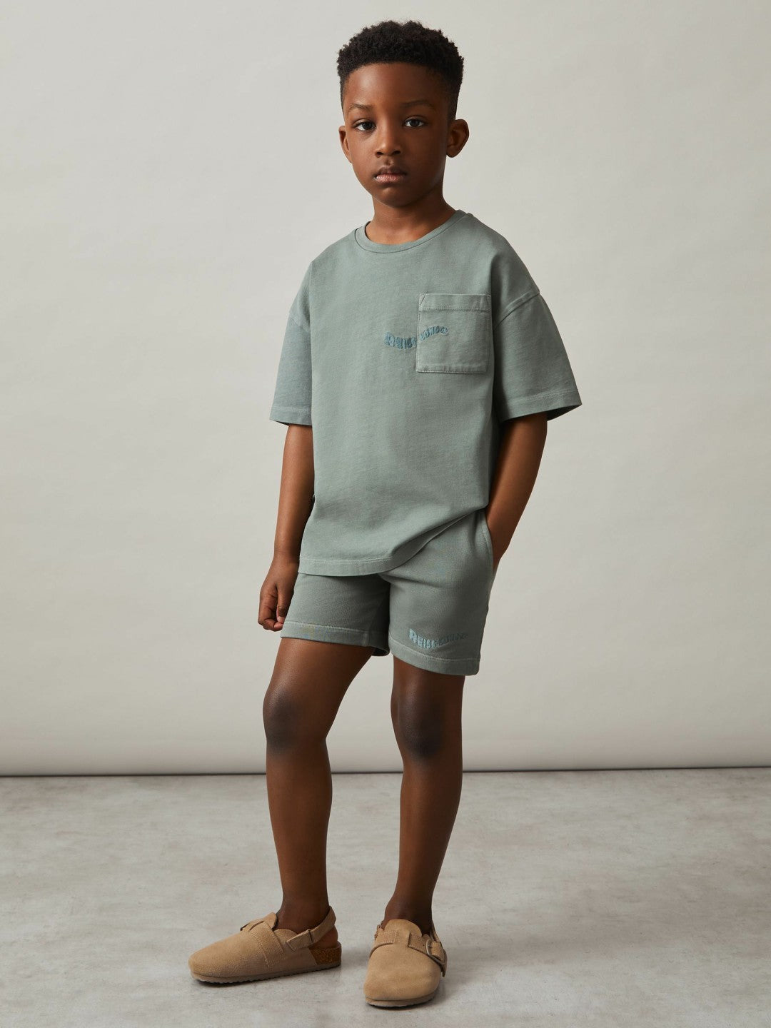 9-13 yrs Cotton Palm-Embroidery Oversize T-Shirt in Washed Sage