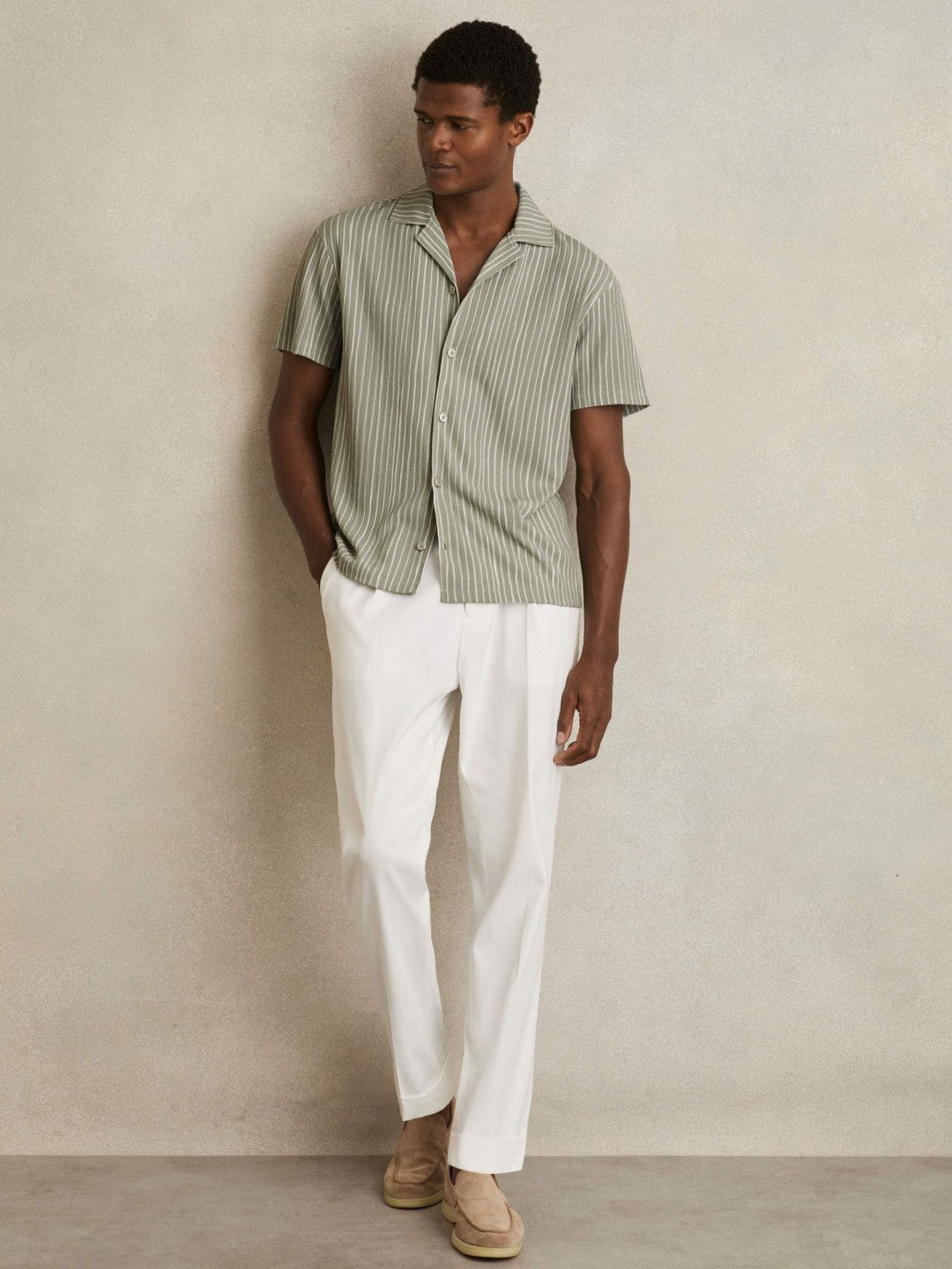 Textured Stripe Cuban Collar Shirt in Sage/White