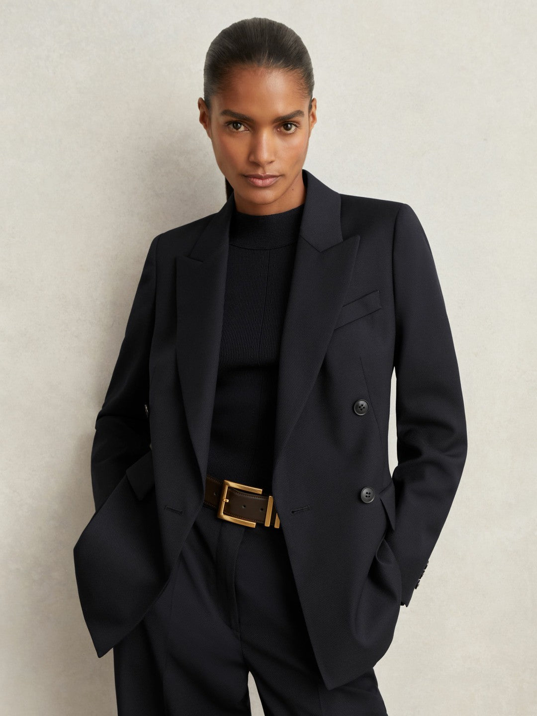 Wool Blend Double Breasted Suit Blazer in Navy