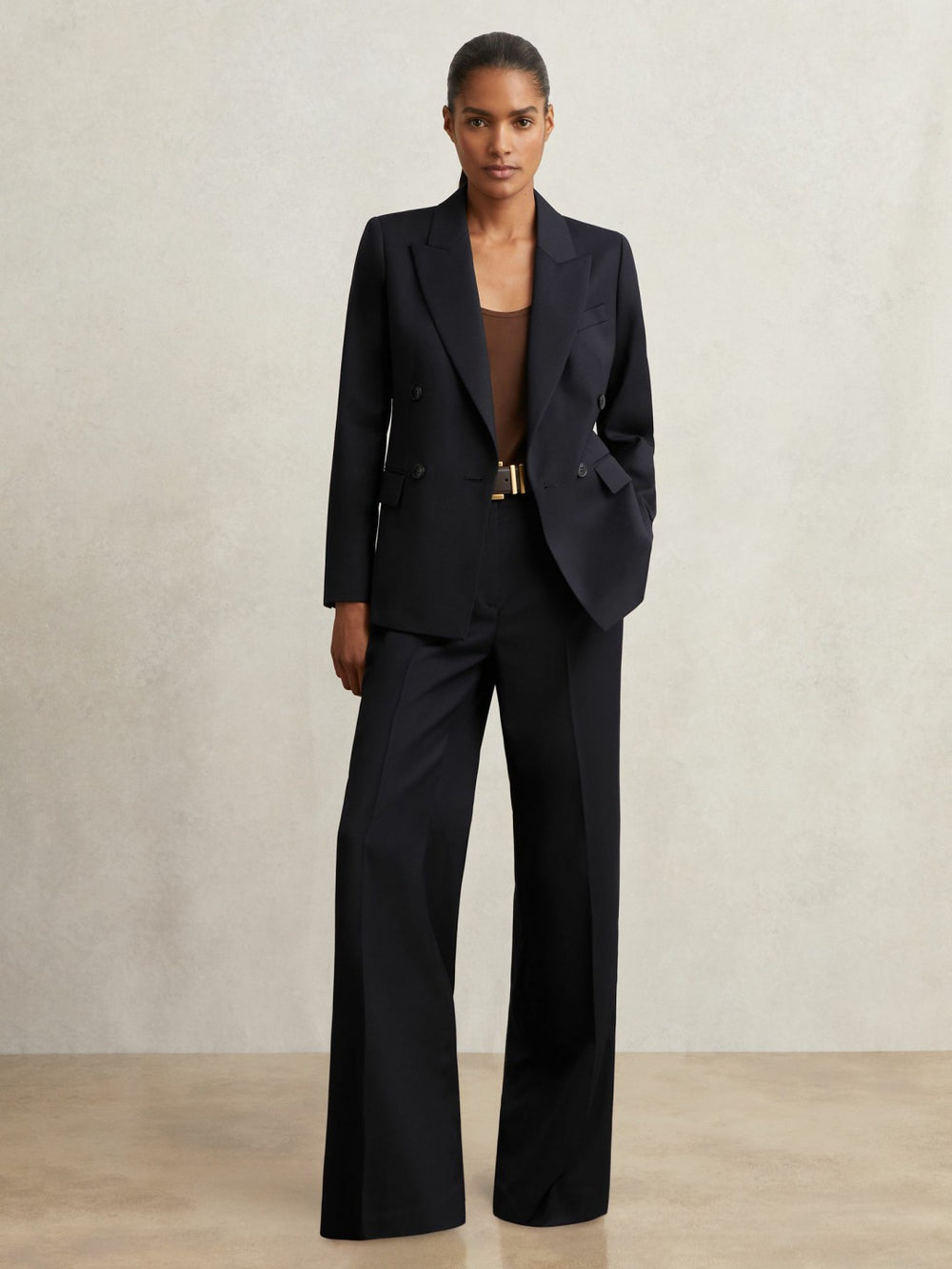 Wool Blend Double Breasted Suit Blazer in Navy
