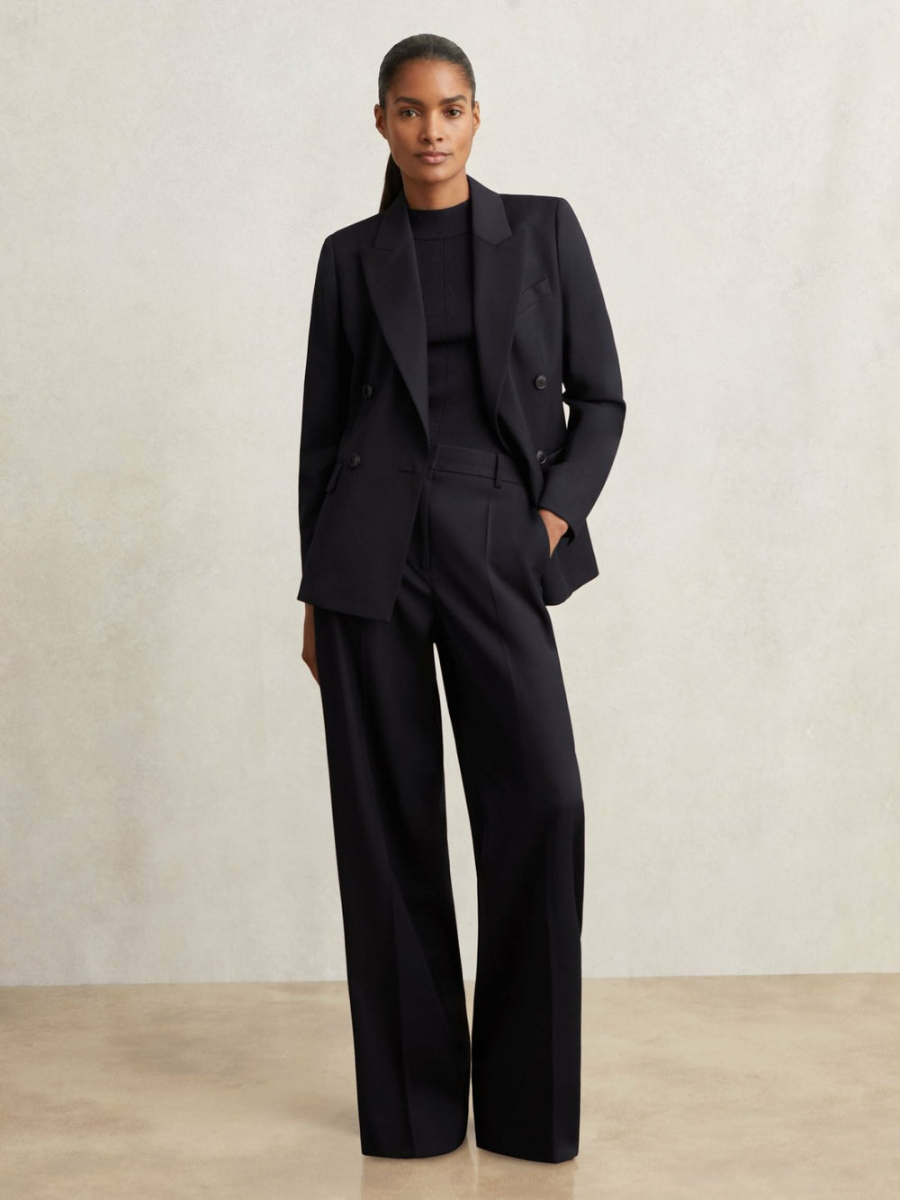 Wool Blend Double Breasted Suit Blazer in Navy