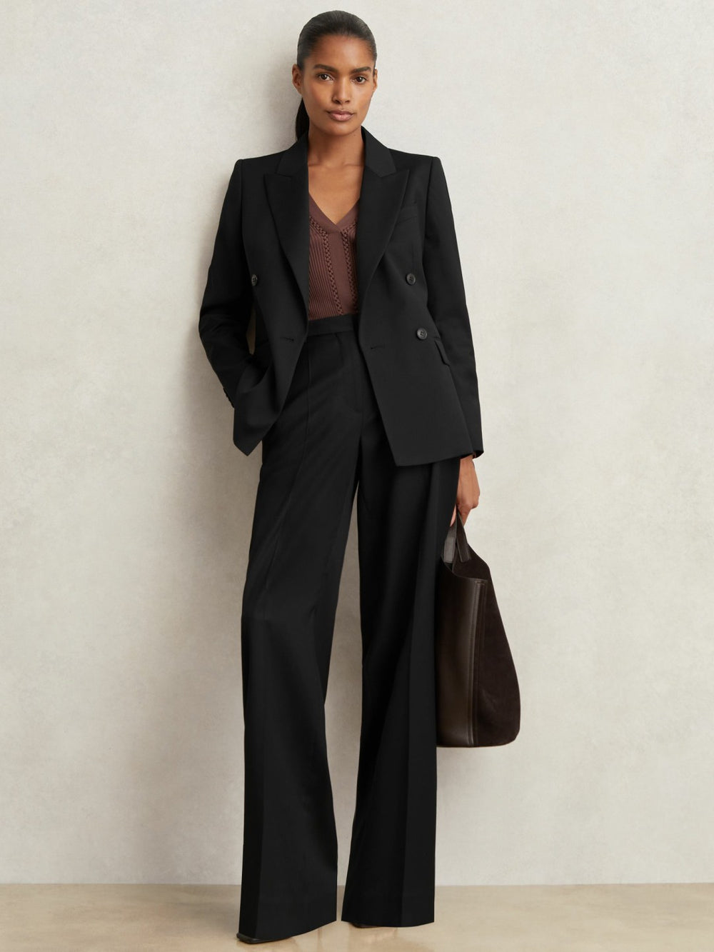 Wool Blend Double Breasted Suit Blazer in Black