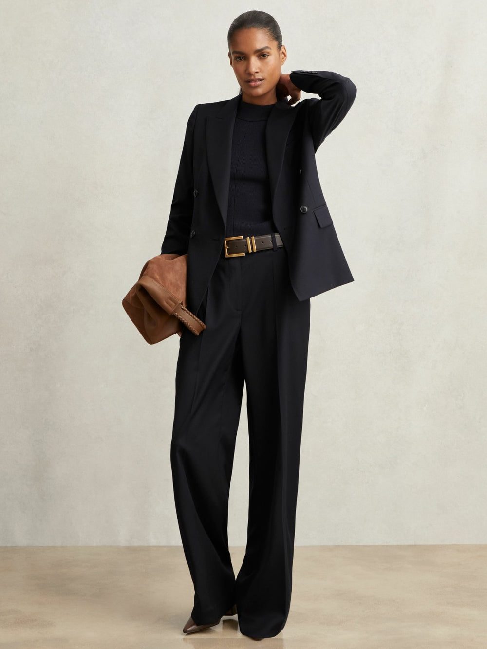 Wool-Blend Wide-Leg Suit Trousers in Navy