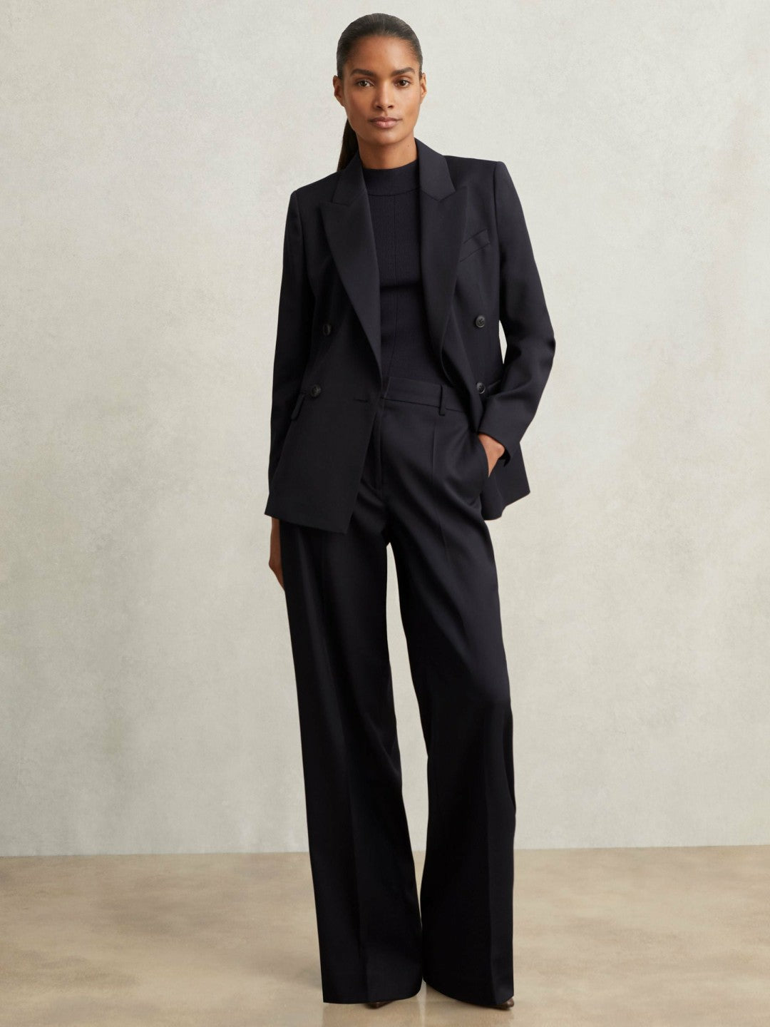 Wool-Blend Wide-Leg Suit Trousers in Navy
