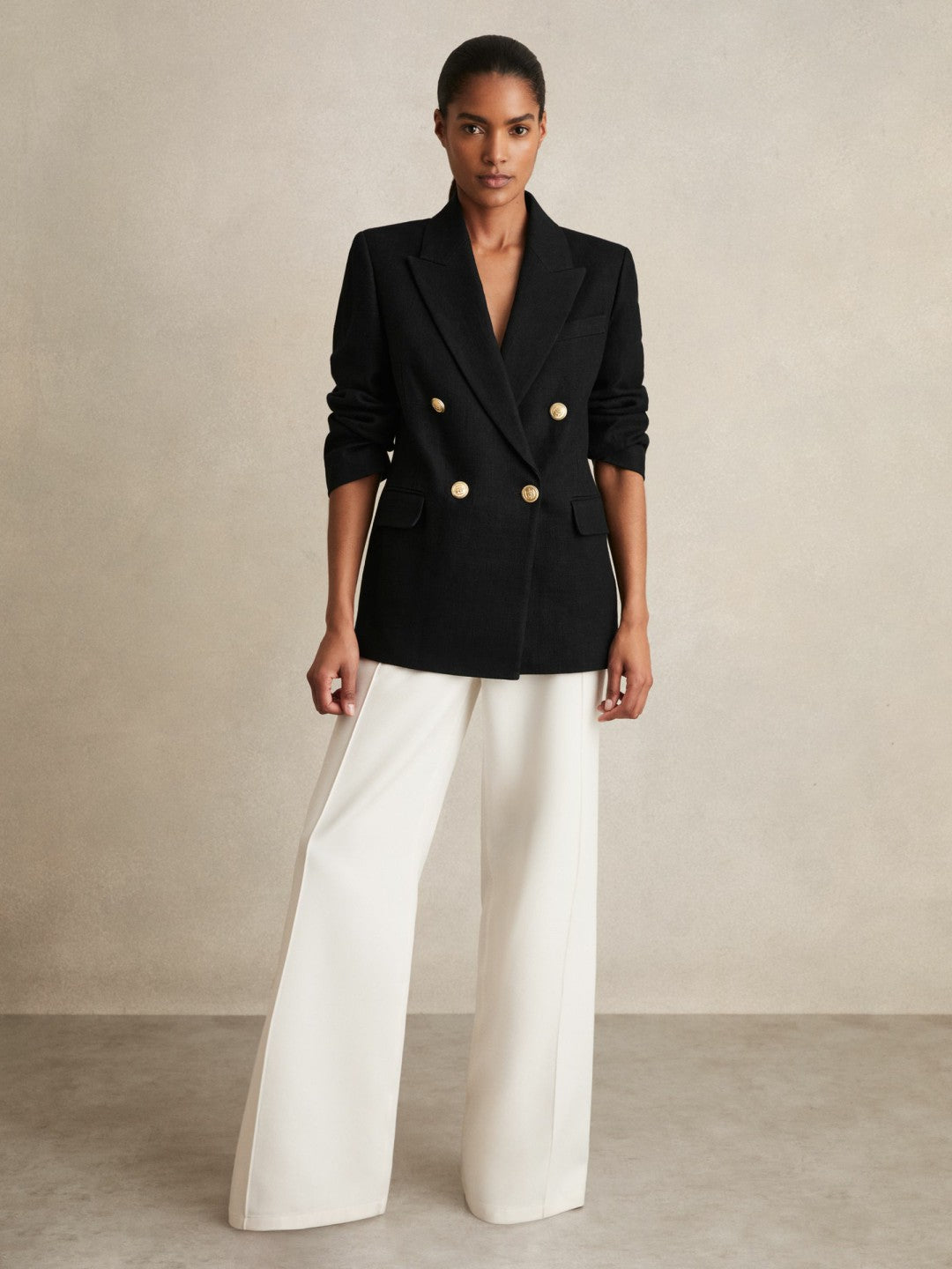 Petite Oversized Double-Breasted Blazer Linen-Blend in Black