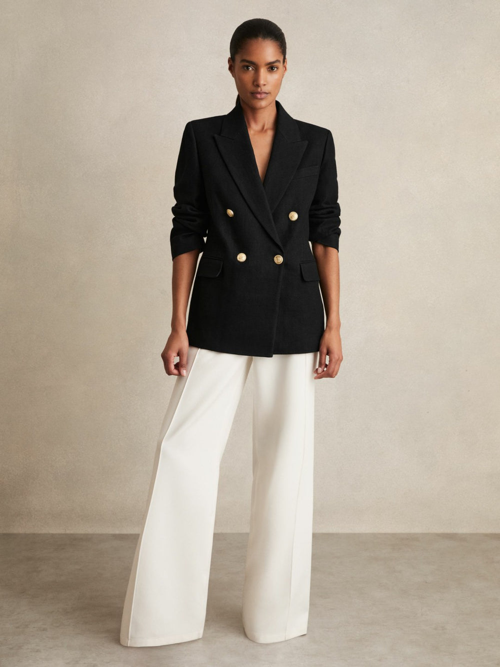 Petite Oversized Double-Breasted Blazer Linen-Blend in Black
