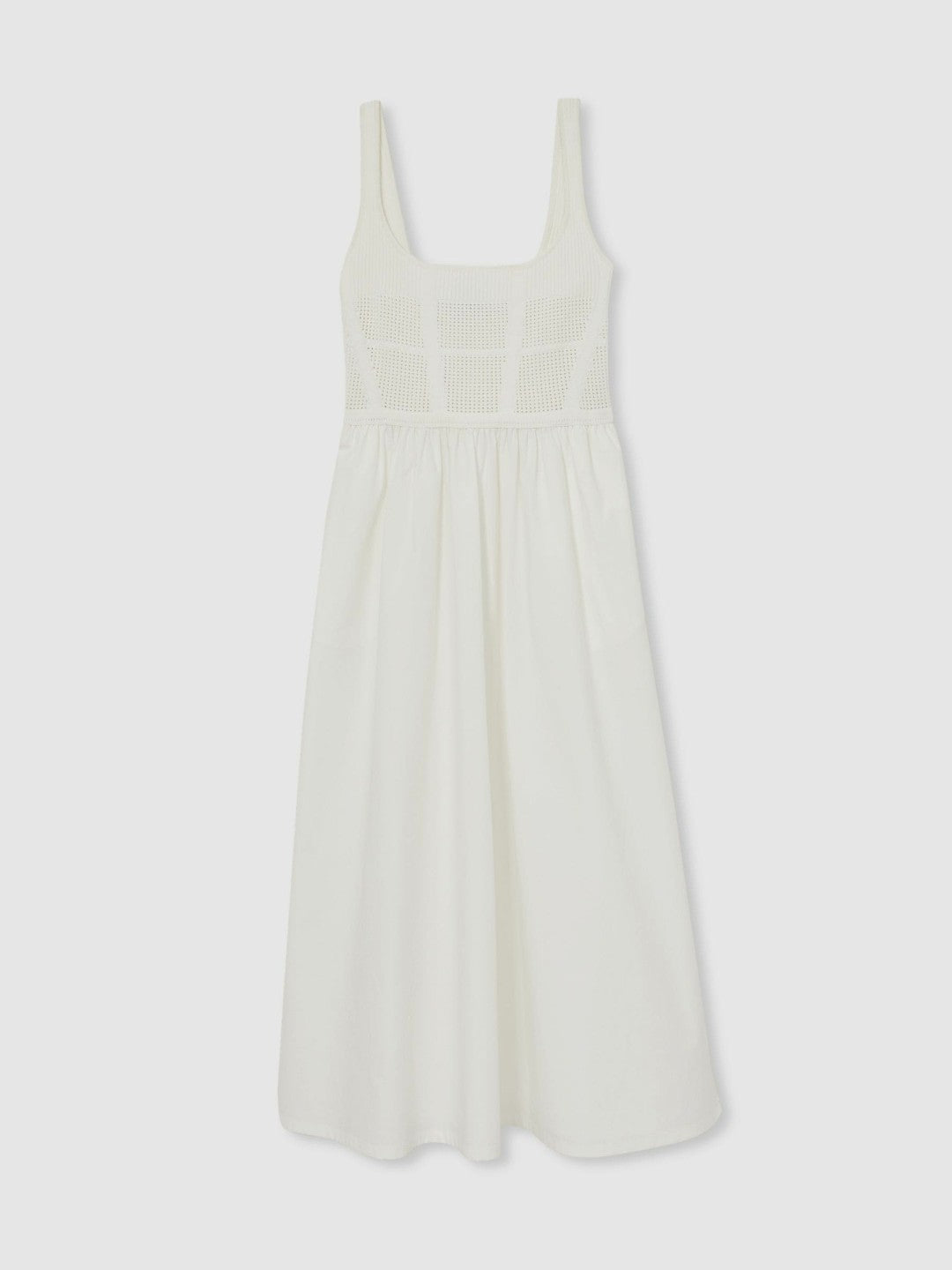 Perforated-Knit Cotton-Skirt Midi Dress in Ivory