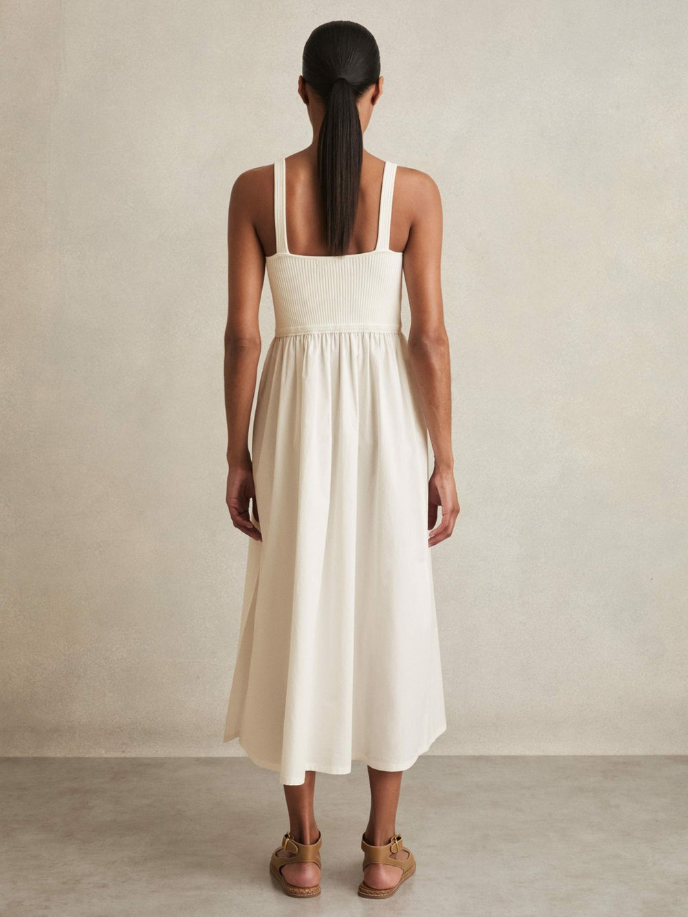 Perforated-Knit Cotton-Skirt Midi Dress in Ivory