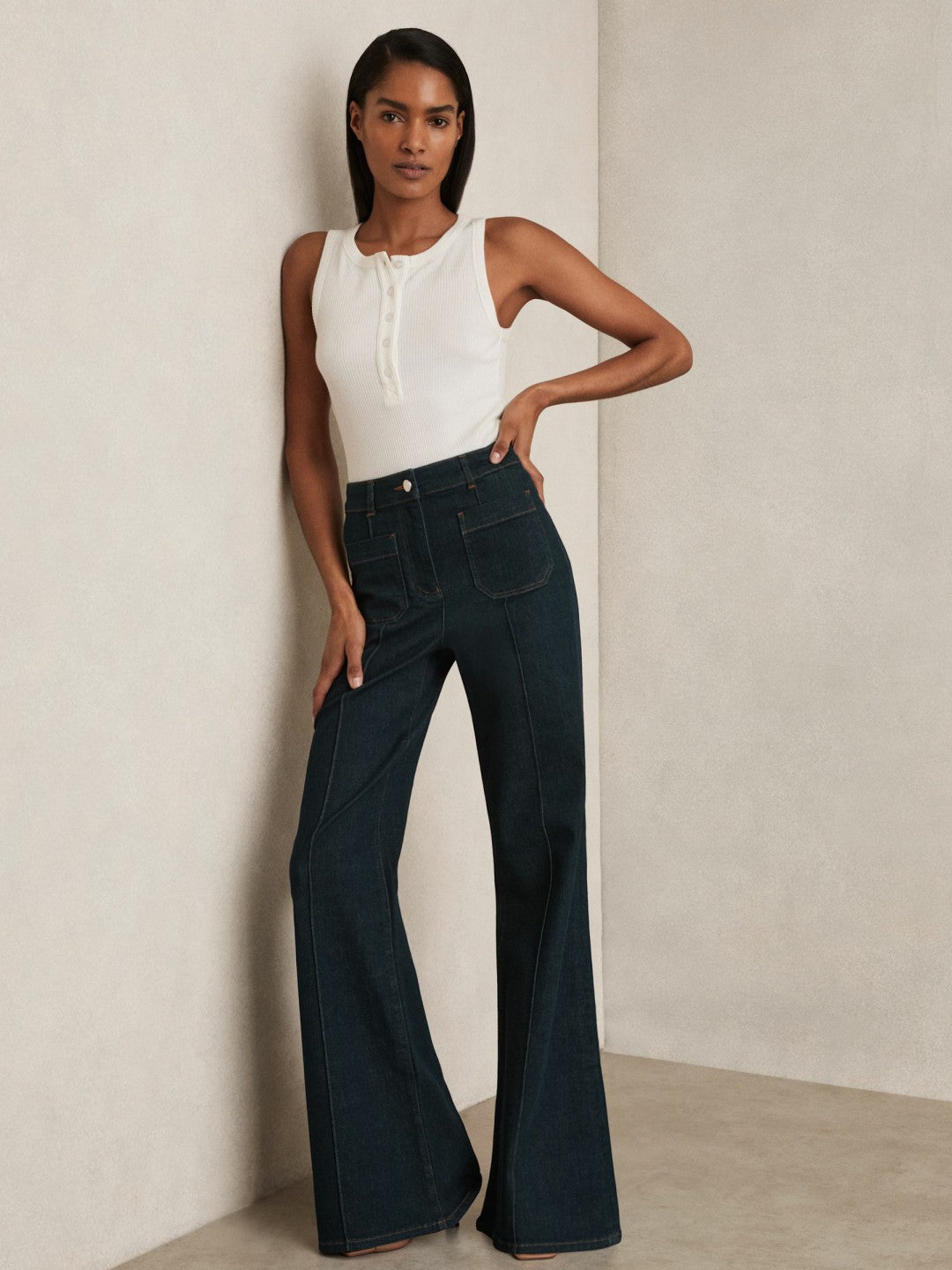 Petite Patch-Pocket Flared Jeans in Dark Blue