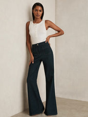 Petite Patch-Pocket Flared Jeans in Dark Blue
