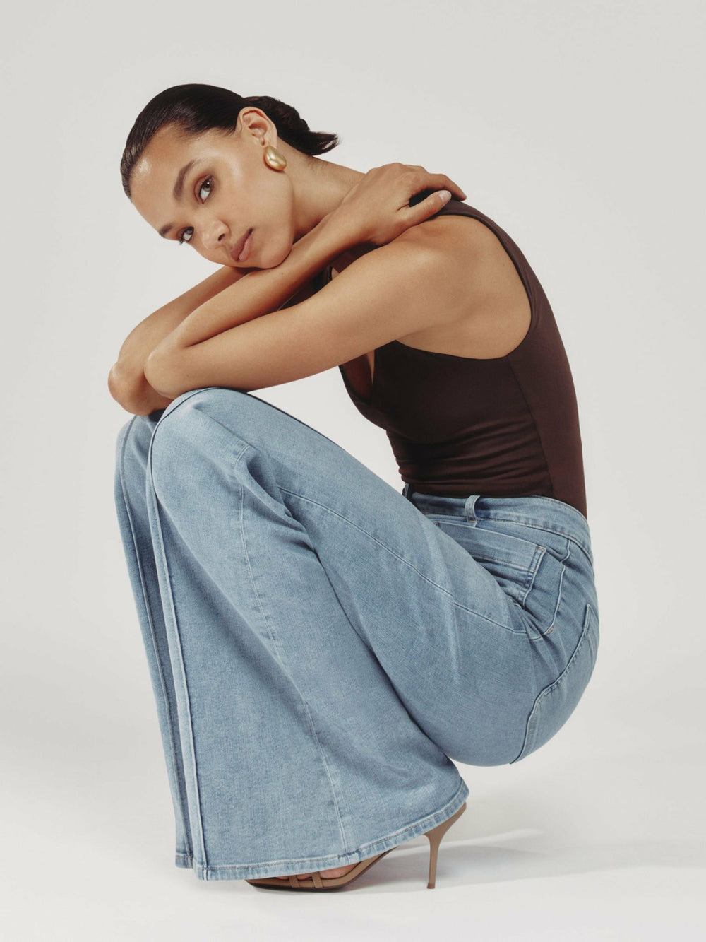 Petite Patch-Pocket Flared Jeans in Light Blue