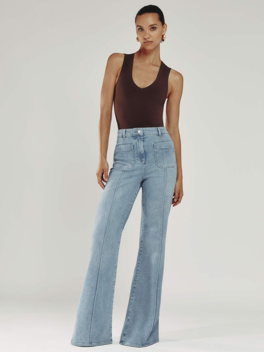 Petite Patch-Pocket Flared Jeans in Light Blue