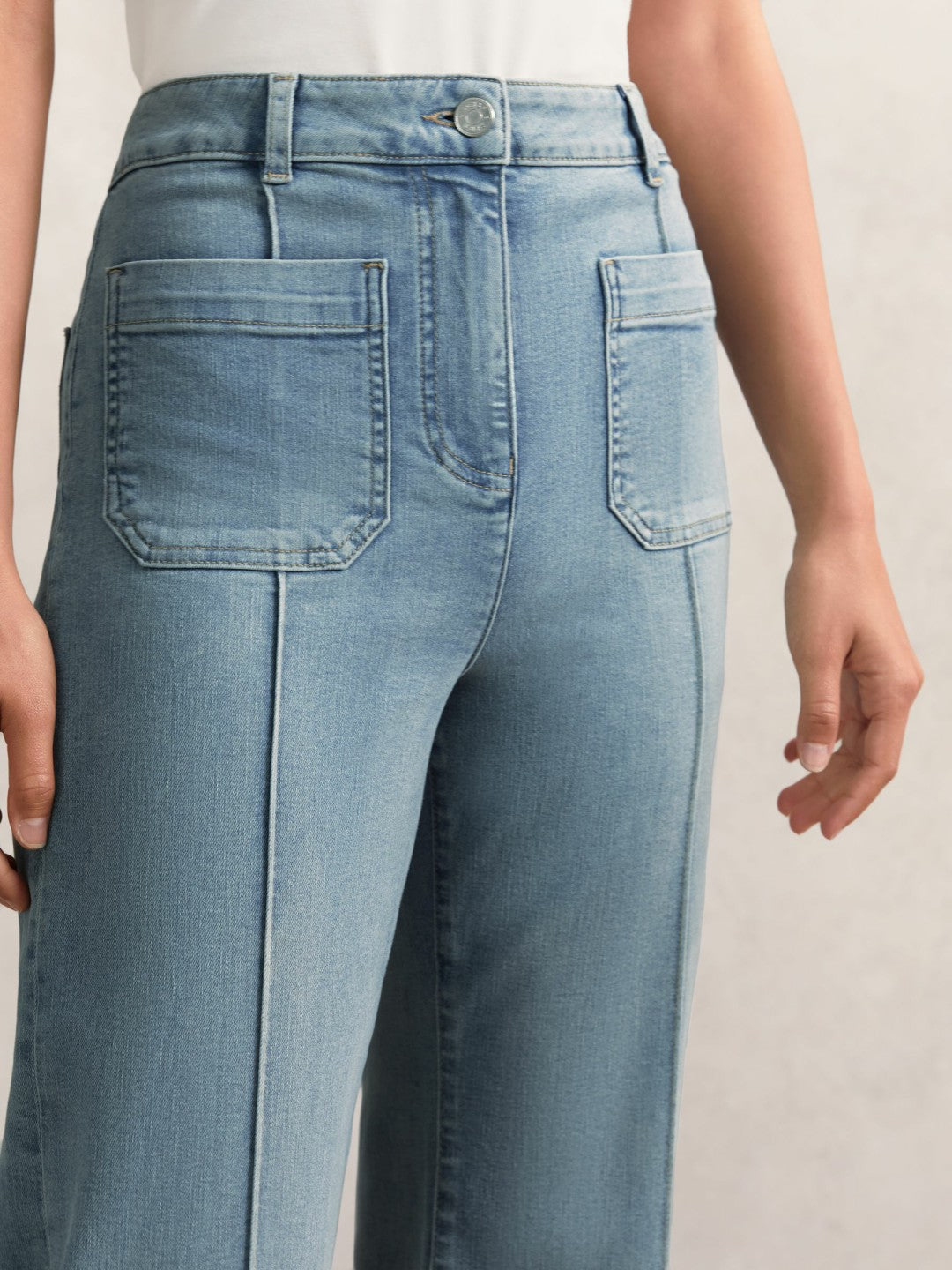 Petite Patch-Pocket Flared Jeans in Light Blue