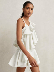 Cotton Tiered Ruffle Mini Dress in Ivory