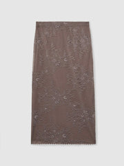 Lace Pencil Skirt in Taupe Brown