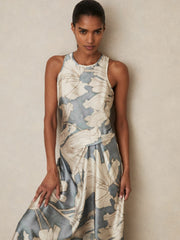 Satin Floral Drape Midi Dress in Blue