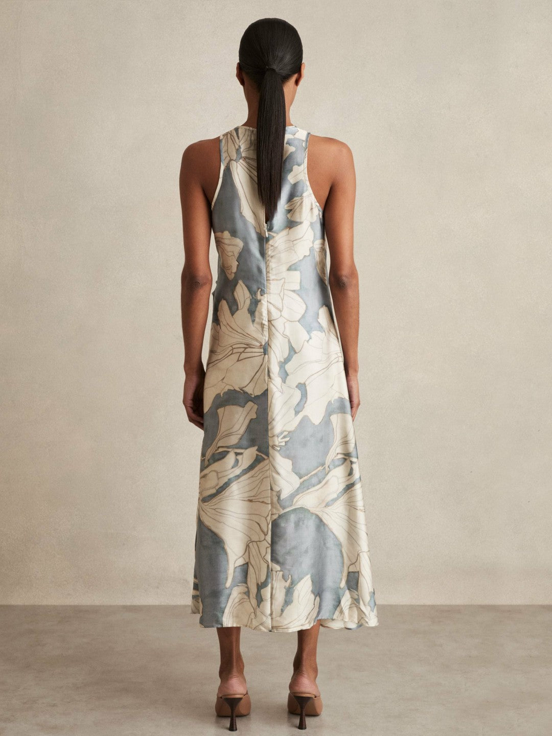 Satin Floral Drape Midi Dress in Blue