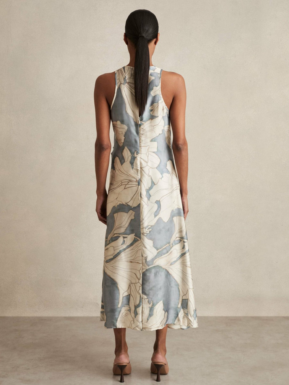 Satin Floral Drape Midi Dress in Blue