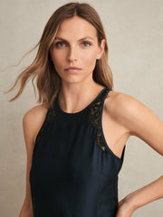 Petite Satin Drape Lace-Trim Dress in Navy