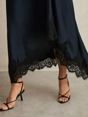 Petite Satin Drape Lace-Trim Dress in Navy