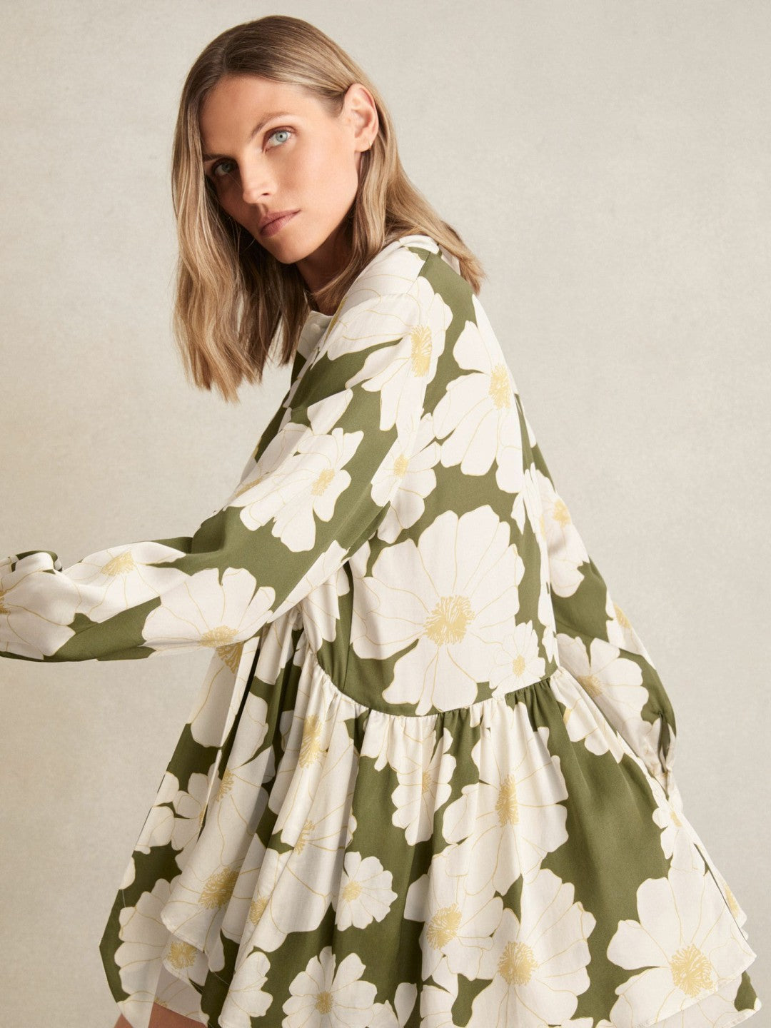 Floral Tie-Neck Swing Dress in Ivory/Green