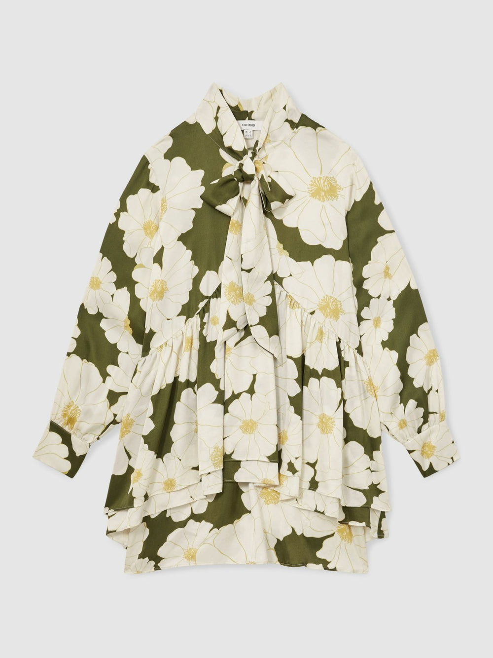 Floral Tie-Neck Swing Dress in Ivory/Green