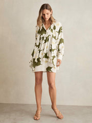 Floral Tie-Neck Swing Dress in Ivory/Green