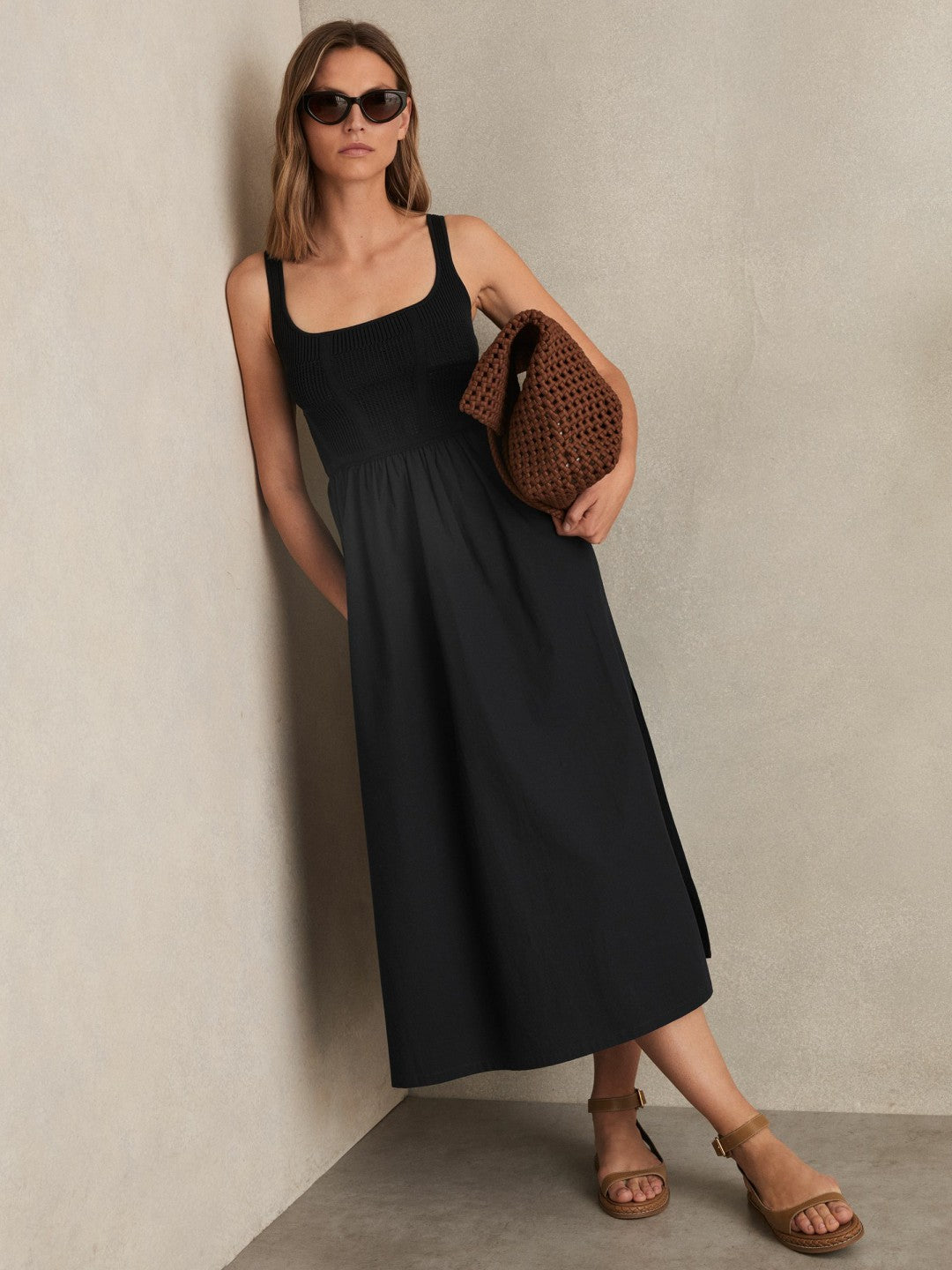 Perforated-Knit Cotton-Skirt Midi Dress in Navy