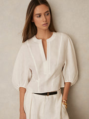 Linen Balloon-Sleeve Top in Ivory