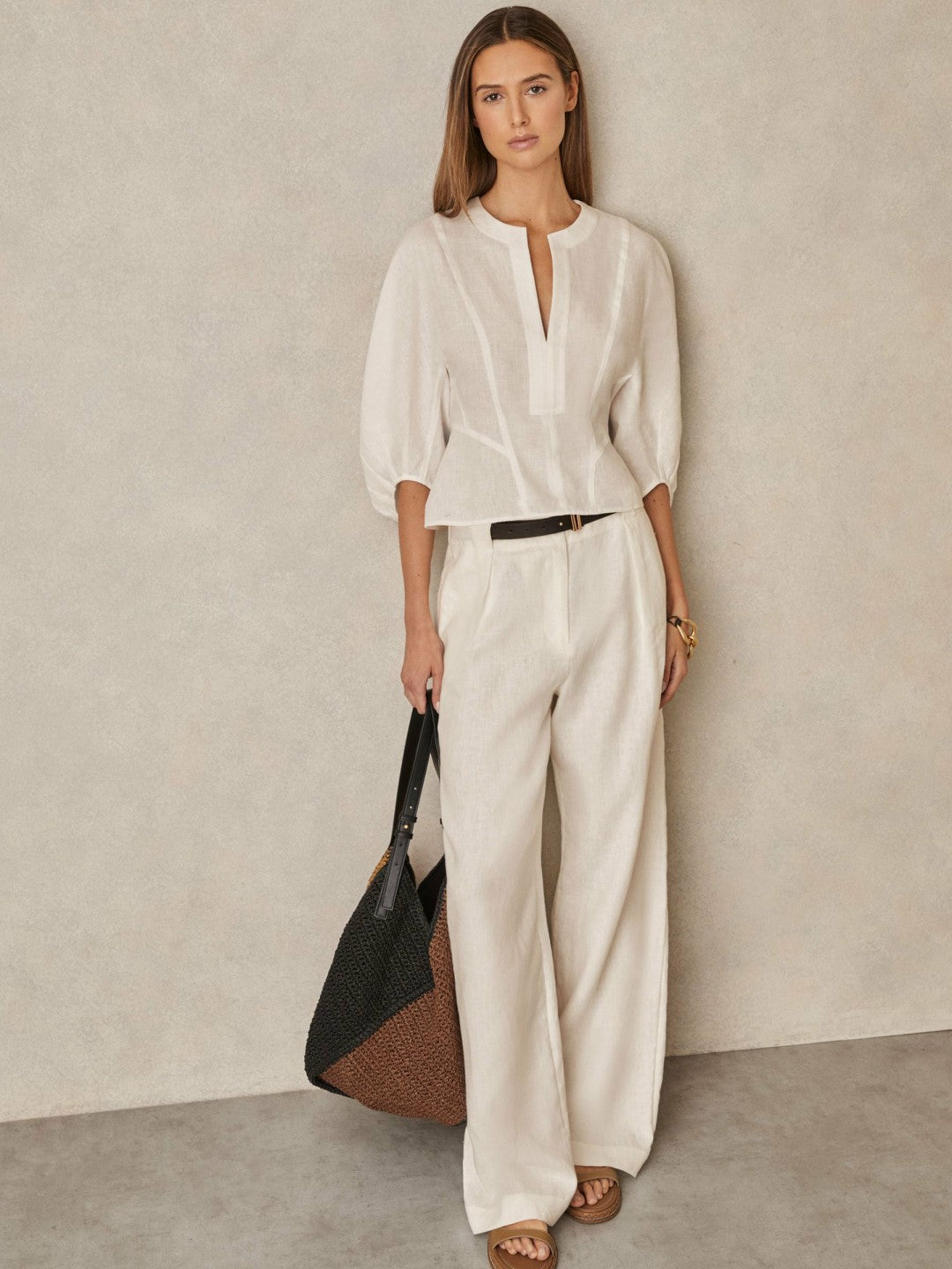 Linen Balloon-Sleeve Top in Ivory