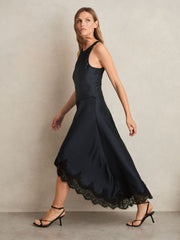 Satin Drape Lace-Trim Dress in Navy