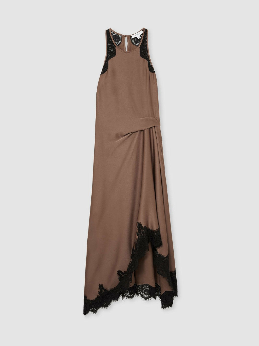 Petite Satin Drape Lace-Trim Dress in Mocha Brown
