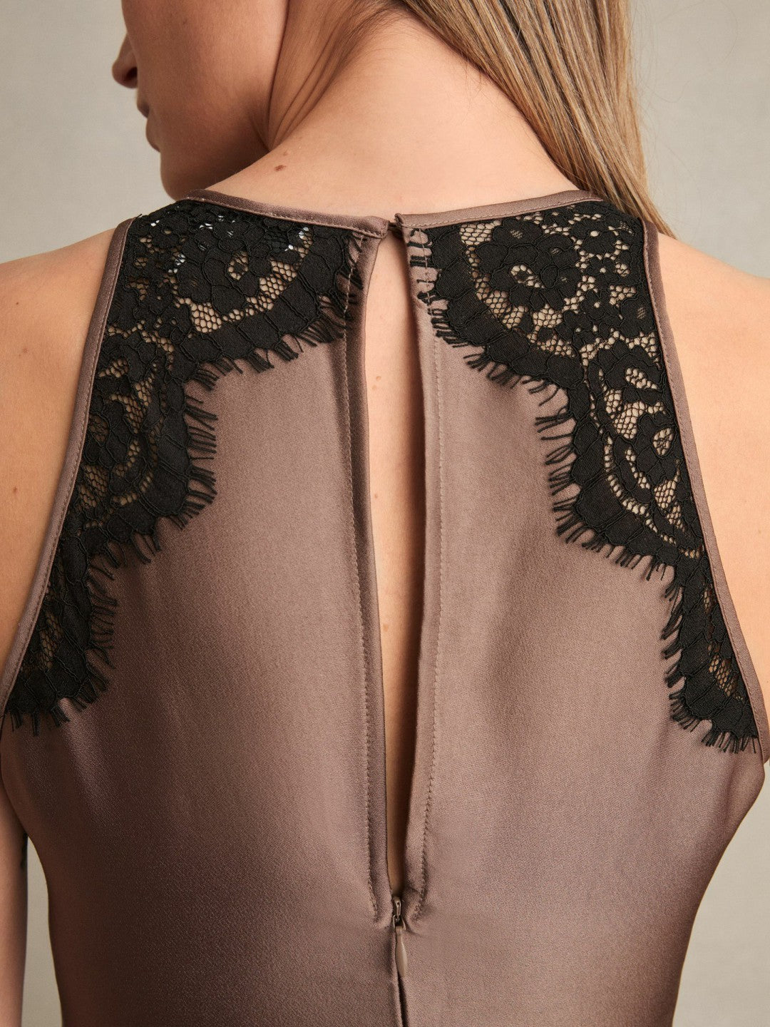 Petite Satin Drape Lace-Trim Dress in Mocha Brown