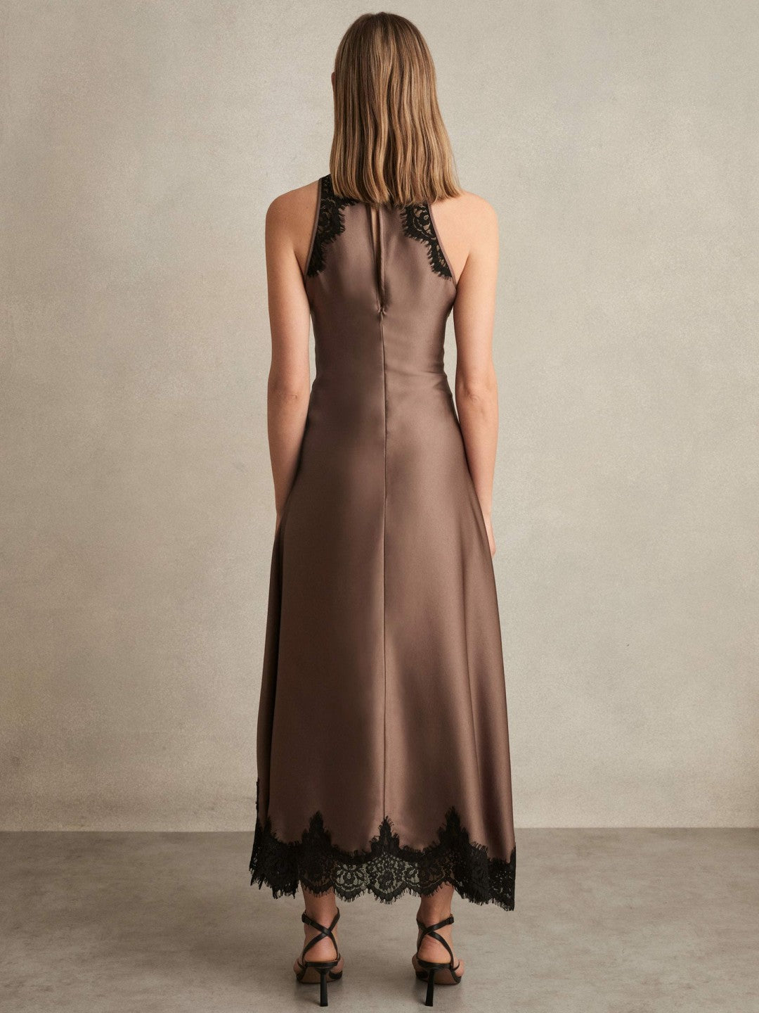 Petite Satin Drape Lace-Trim Dress in Mocha Brown