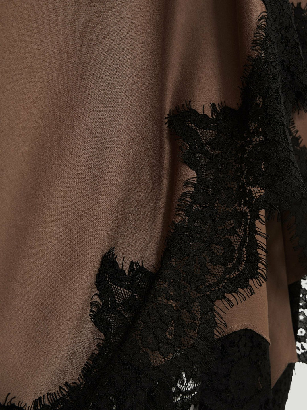 Petite Satin Drape Lace-Trim Dress in Mocha Brown