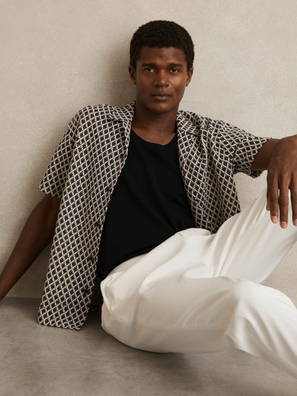 Geometric-Crochet Cuban-Collar Shirt in Navy/White